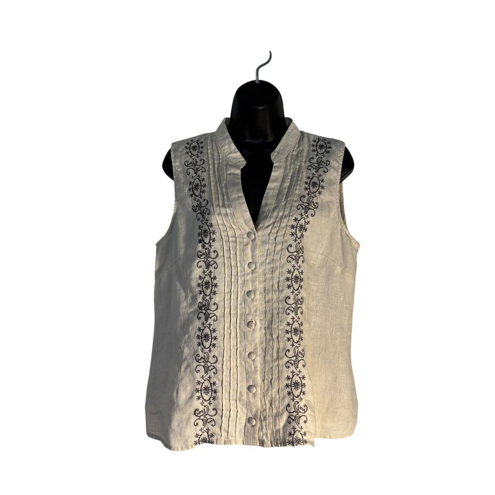 Vintage Carole Little XL Linen Sleeveless Button Front Blouse Black Embroidery